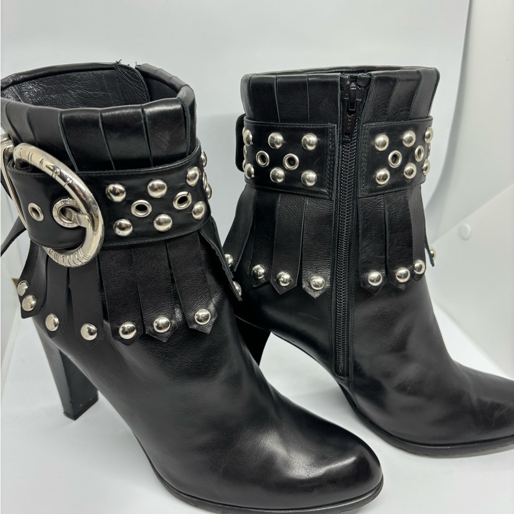 Studded Black Leather Ankle Boots-Size 8